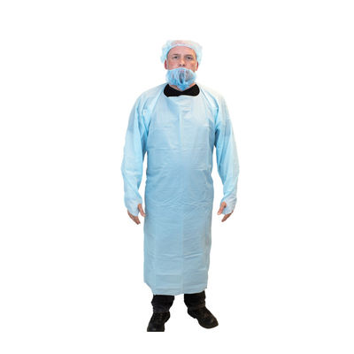 El CPE plástico azul del paciente de los delantales quirúrgicos no reutilizables viste con las fundas largas